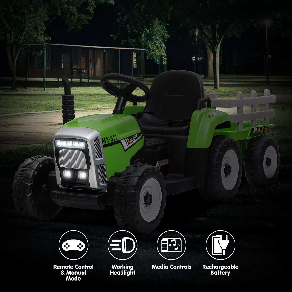 Kahuna MX-611 Kids Electric Ride On Tractor Trailer Car Green Grey