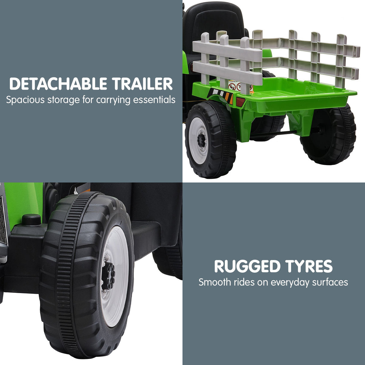 Kahuna MX-611 Kids Electric Ride On Tractor Trailer Car Green Grey