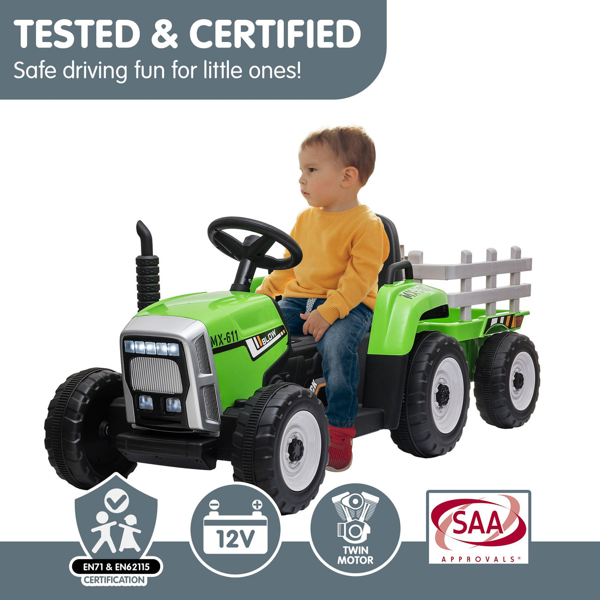 Kahuna MX-611 Kids Electric Ride On Tractor Trailer Car Green Grey