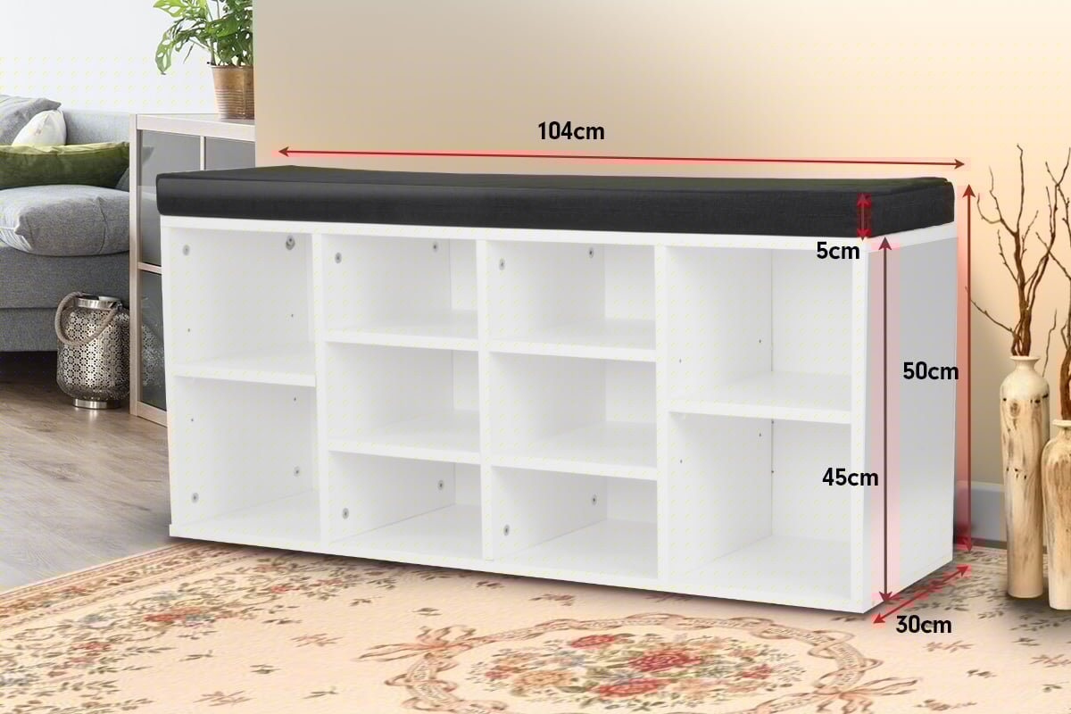 Shoe Rack Cabinet Organiser Black Cushion - 104 x 30 x 48 - White