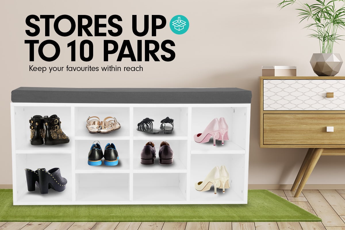 Shoe Rack Cabinet Organiser Grey Cushion - 104 x 30 x 45 - White
