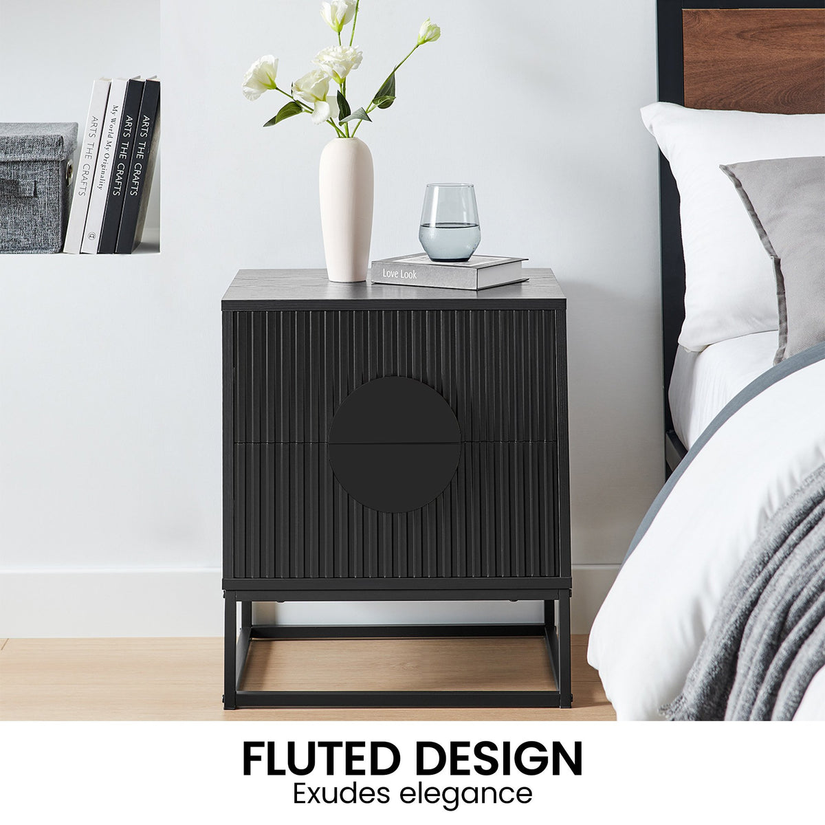Sarantino Silvia Bedside Table with 2 Drawers and Black Handles