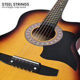 38in Karrera Acoustic Guitar Steel Strings Carry Bag Shoulder Strap Sun Burst - Close-Up Angle