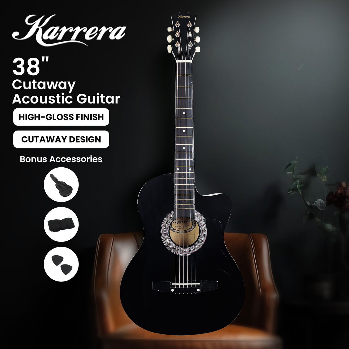 Karrera 38in Cutaway Acoustic Guitar with Carry Bag - Black