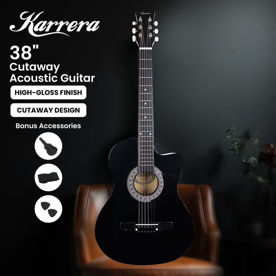 Karrera 38in Cutaway Acoustic Guitar with Carry Bag - Black