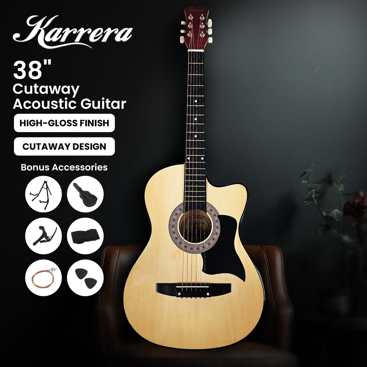Karrera 38in Pro Cutaway Acoustic Guitar with Carry Bag - Natural