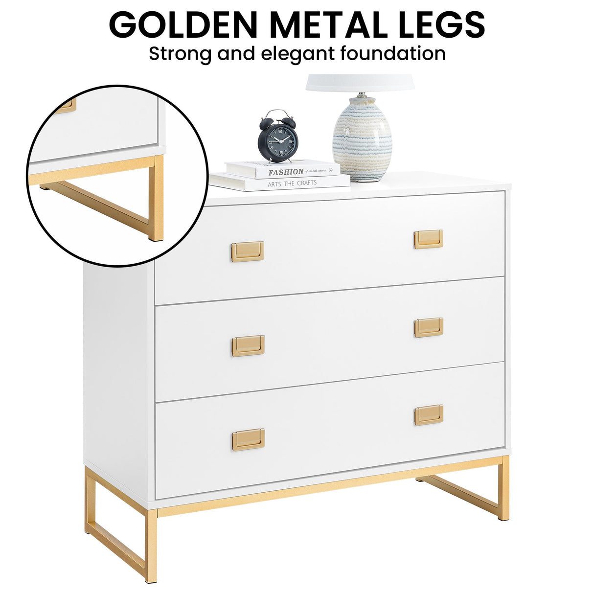 Sarantino Amara Chest of Drawers Tallboy Dresser in White/Gold