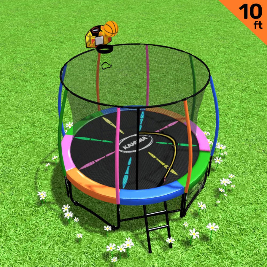 Kahuna Trampoline 10 ft with Basketball Set - Rainbow