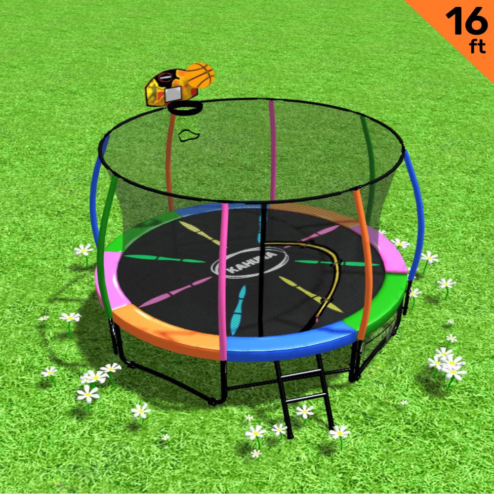 Kahuna Trampoline 16 ft with Basketball Set - Rainbow