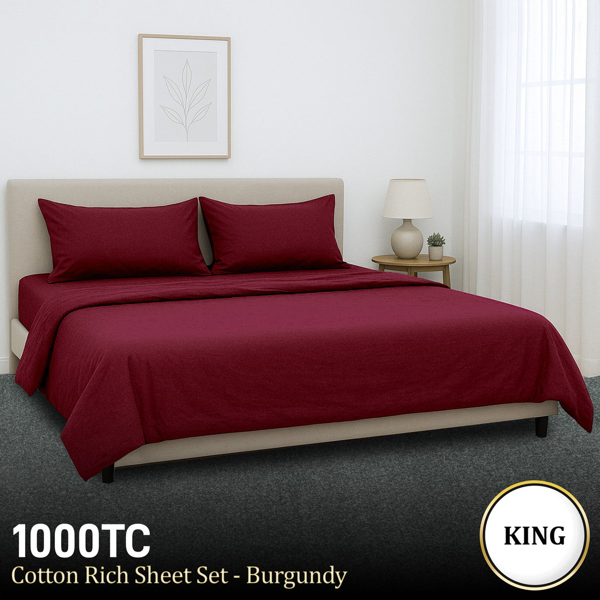 4pc 1000 Thread Count Cotton Rich King Bed Sheet Gift Pack CVC Microfibre Blend in Burgundy