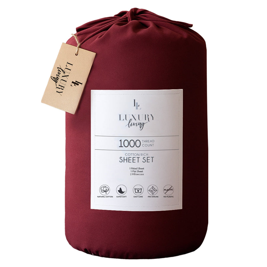 4pc 1000 Thread Count Cotton Rich King Bed Sheet Gift Pack CVC Microfibre Blend in Burgundy