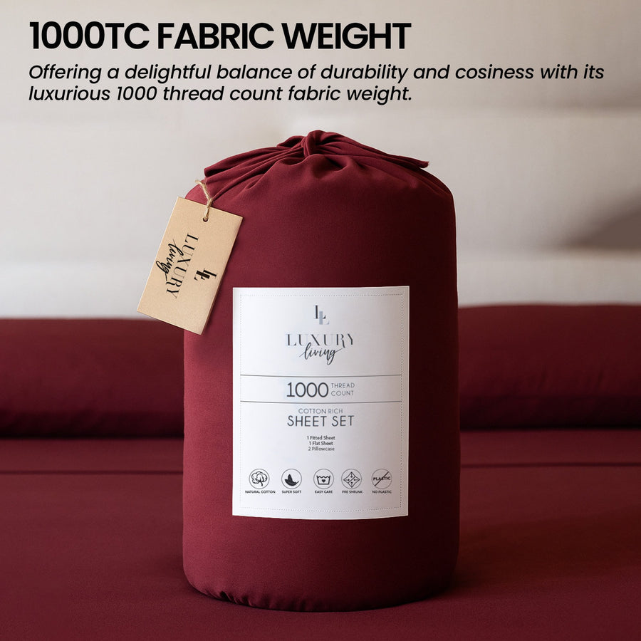 4pc 1000 Thread Count Cotton Rich King Bed Sheet Gift Pack CVC Microfibre Blend in Burgundy