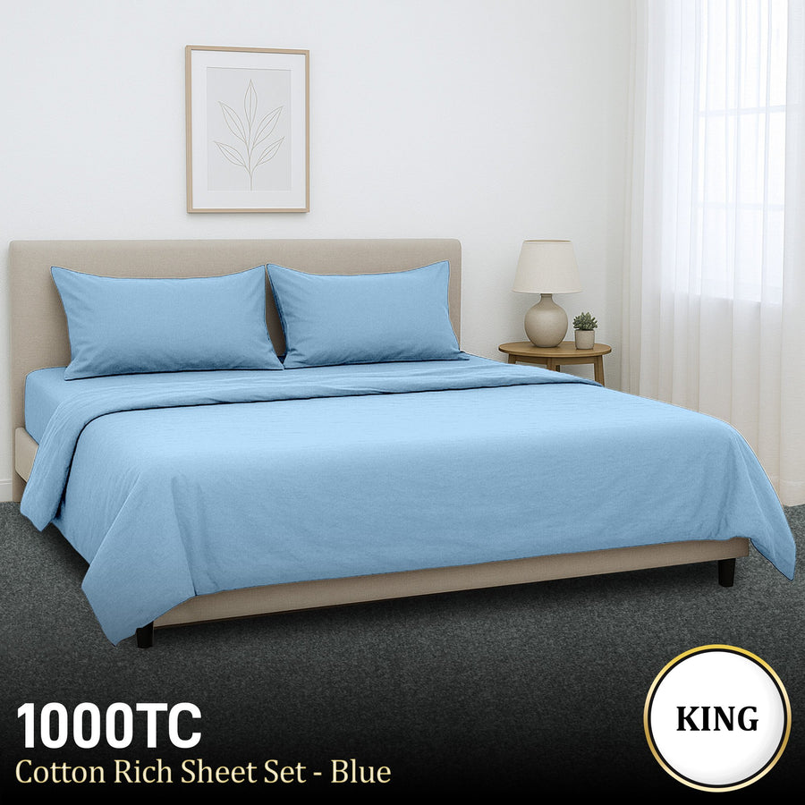 4pc 1000 Thread Count Cotton Rich King Bed Sheet Gift Pack CVC Microfibre Blend in Blue