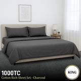 4pc 1000 Thread Count Cotton Rich King Bed Sheet Gift Pack CVC Microfibre Blend in Charcoal - Front View