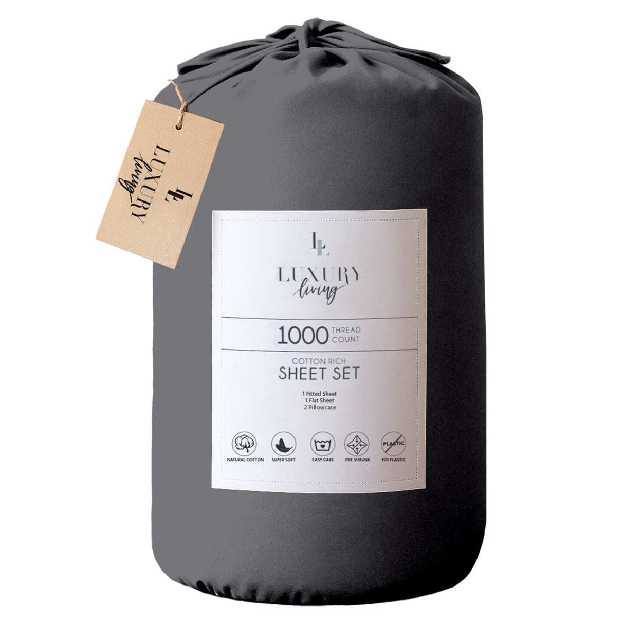 4pc 1000 Thread Count Cotton Rich King Bed Sheet Gift Pack CVC Microfibre Blend in Charcoal