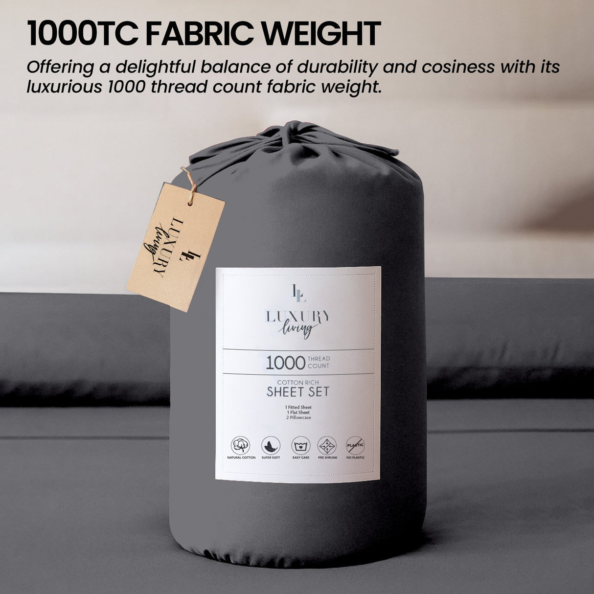 4pc 1000 Thread Count Cotton Rich King Bed Sheet Gift Pack CVC Microfibre Blend in Charcoal