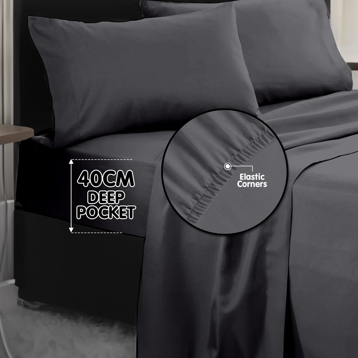 4pc 1000 Thread Count Cotton Rich King Bed Sheet Gift Pack CVC Microfibre Blend in Charcoal