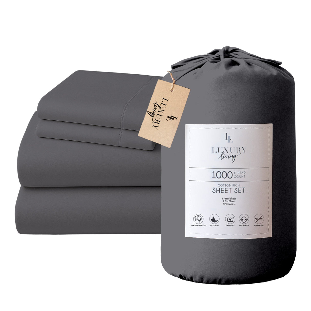 4pc 1000 Thread Count Cotton Rich King Bed Sheet Gift Pack CVC Microfibre Blend in Charcoal