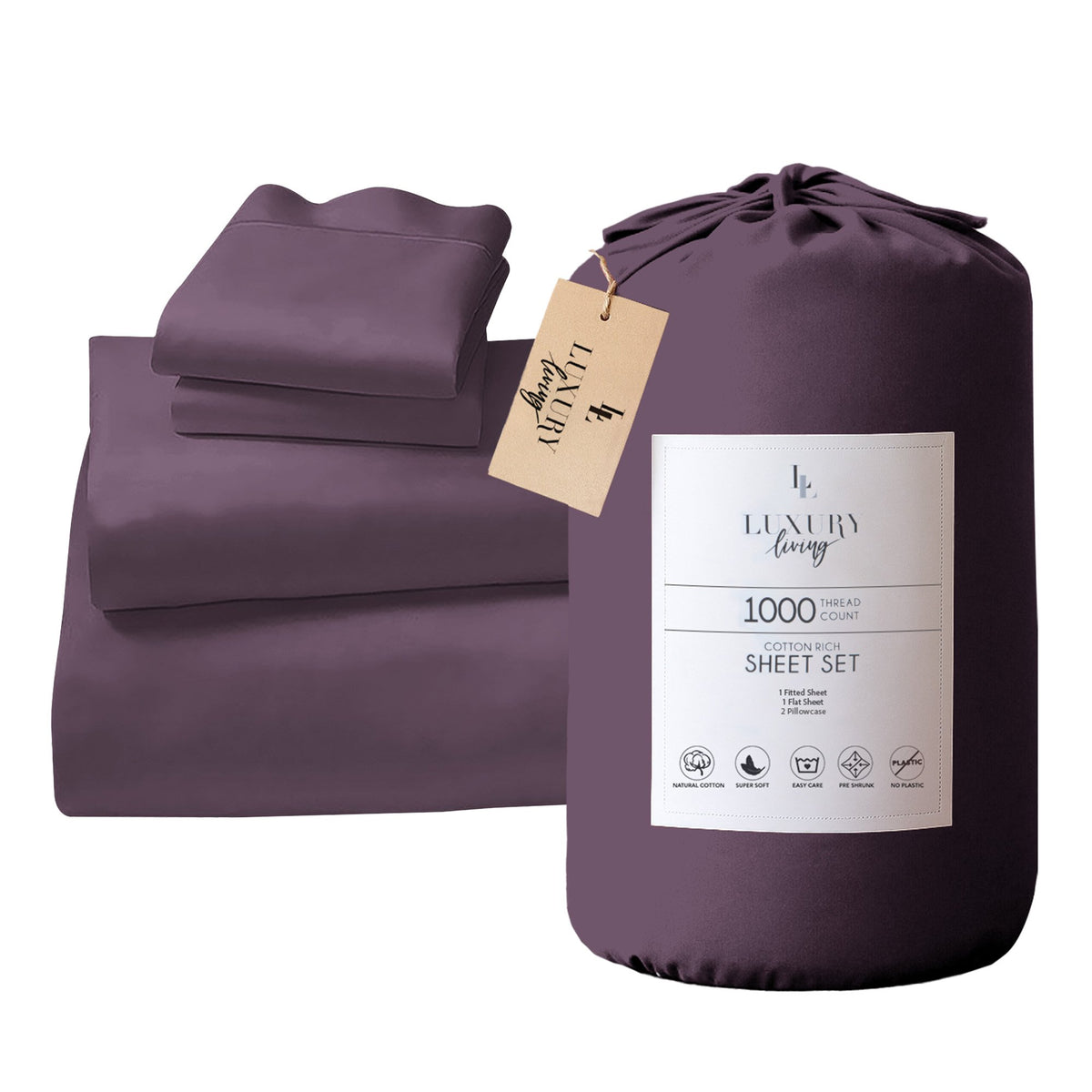 4pc 1000 Thread Count Cotton Rich King Bed Sheet Gift Pack CVC Microfibre Blend in Lilac