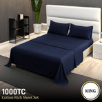 4pc 1000 Thread Count Cotton Rich King Bed Sheet Gift Pack CVC Microfibre Blend in Navy