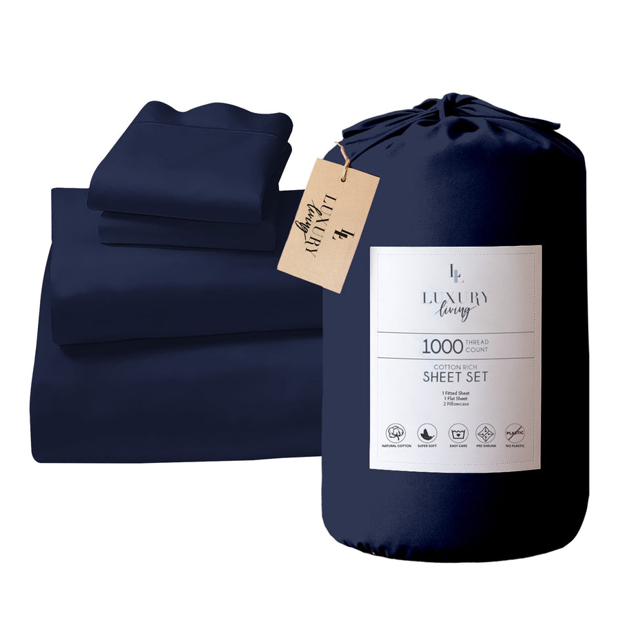 4pc 1000 Thread Count Cotton Rich Queen Bed Sheet Gift Pack CVC Microfibre Blend in Navy