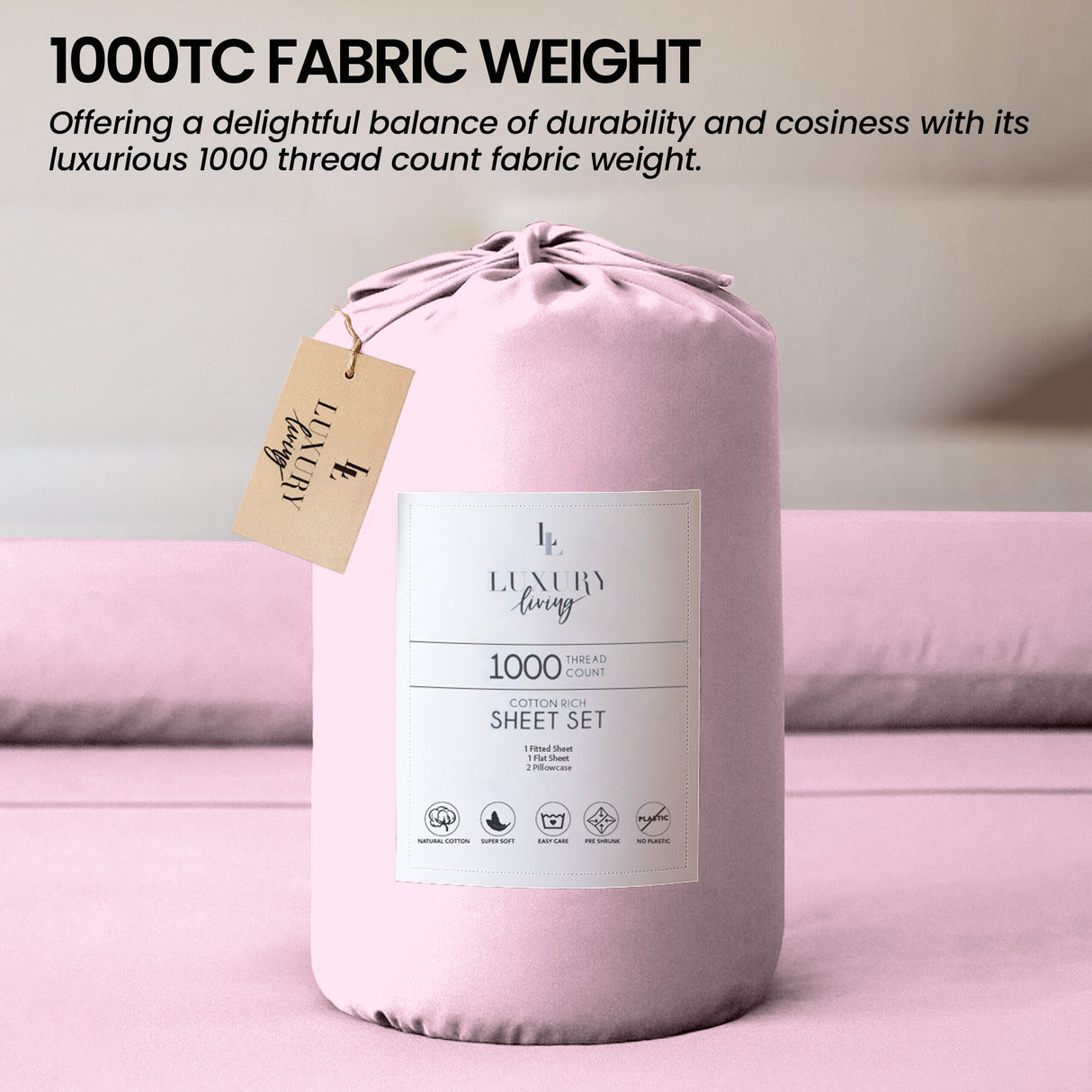 4pc 1000 Thread Count Cotton Rich King Bed Sheet Gift Pack CVC Microfibre Blend in Pink