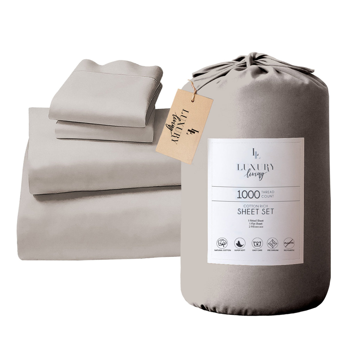 4pc 1000 Thread Count Cotton Rich King Bed Sheet Gift Pack CVC Microfibre Blend in Silver