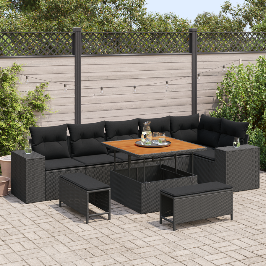 Garden Sofa Set 9 pcs 6-Seater Black Poly Rattan