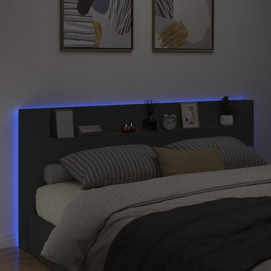 Headboard Cabinet with LED Black 220 cm