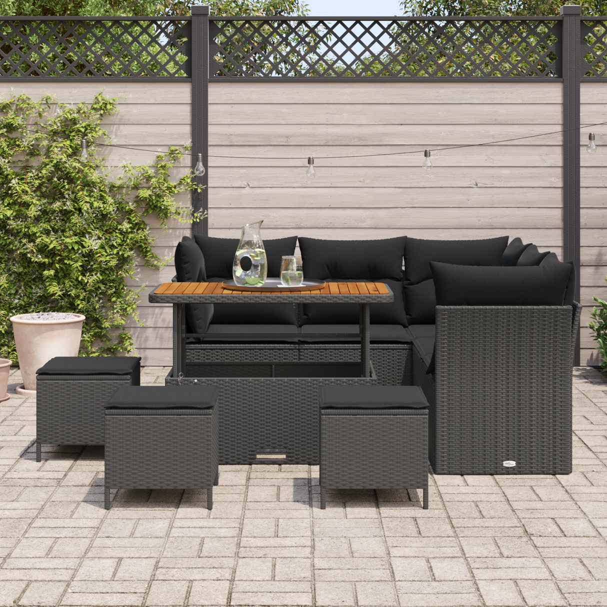 Garden Sofa Set 9 pcs Black Poly rattan and powder-coated steel