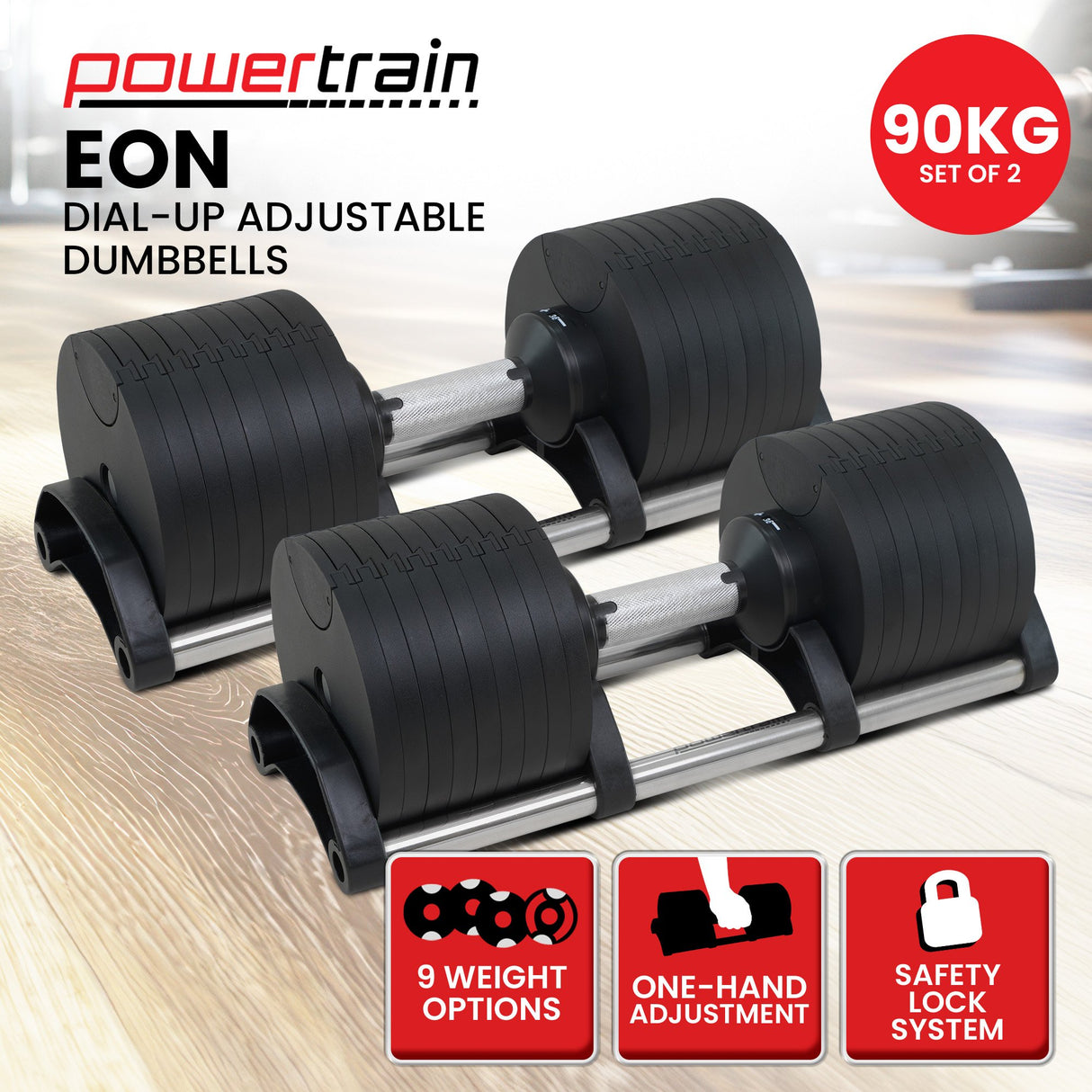 Powertrain Eon 2 x 45kg Adjustable Dumbbells Home Gym 9 Strength Training Safety Lock System Bu