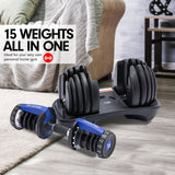 Powertrain 24kg Adjustable Dumbbell Home Gym Exercise Weights Free Workout Blue - Front View