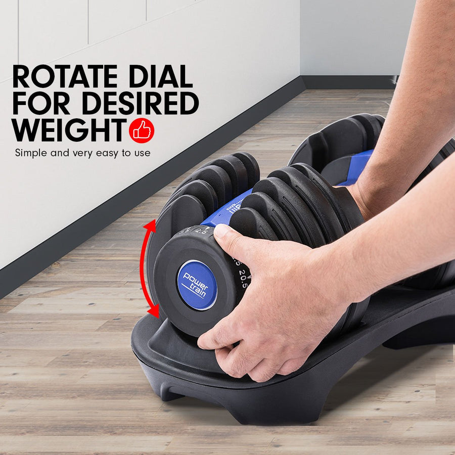 Powertrain Adjustable Dumbbells Set Home Gym Exercise Free Weights 48kg w/ Stand - Blue