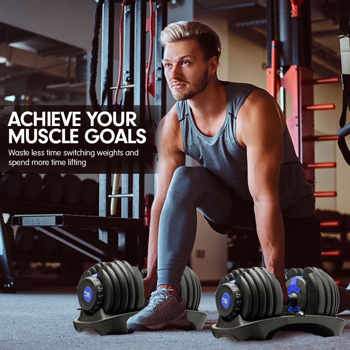 Powertrain Adjustable Dumbbells Set Home Gym Exercise Free Weights 48kg w/ Stand - Blue