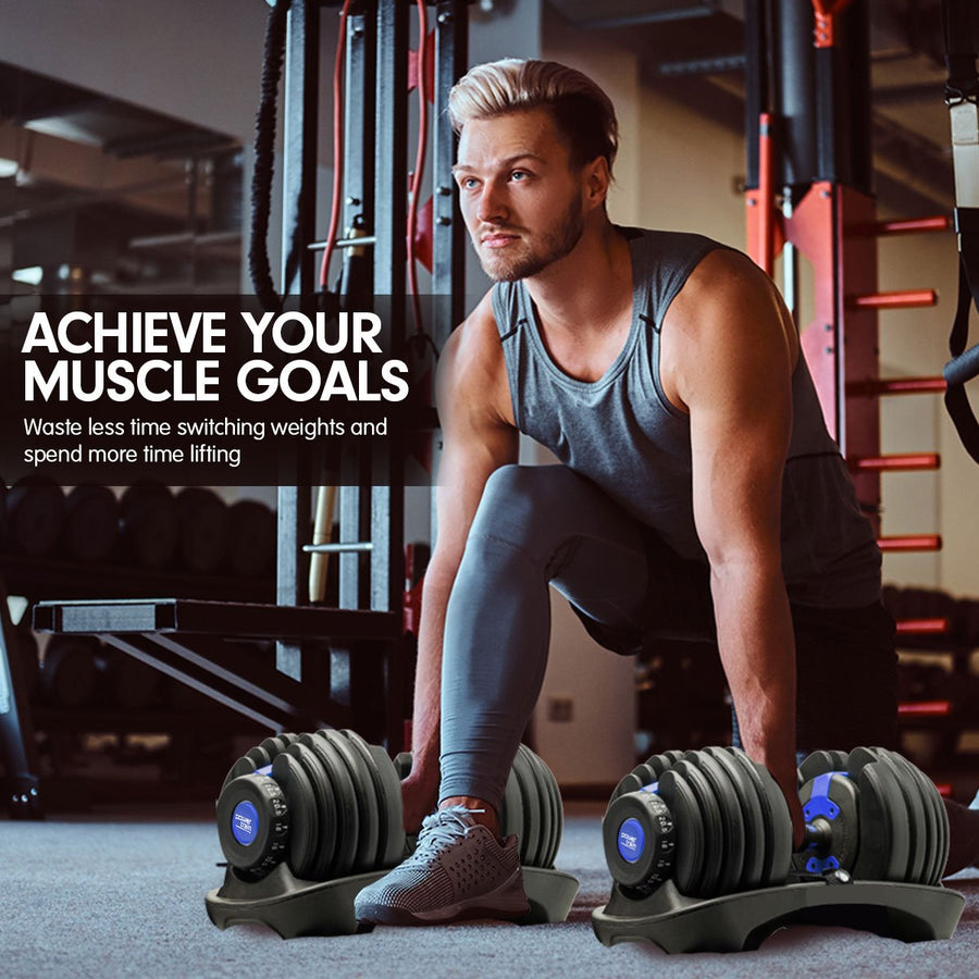 Powertrain Adjustable Dumbbells Set Home Gym Exercise Free Weights 48kg w/ Stand - Blue