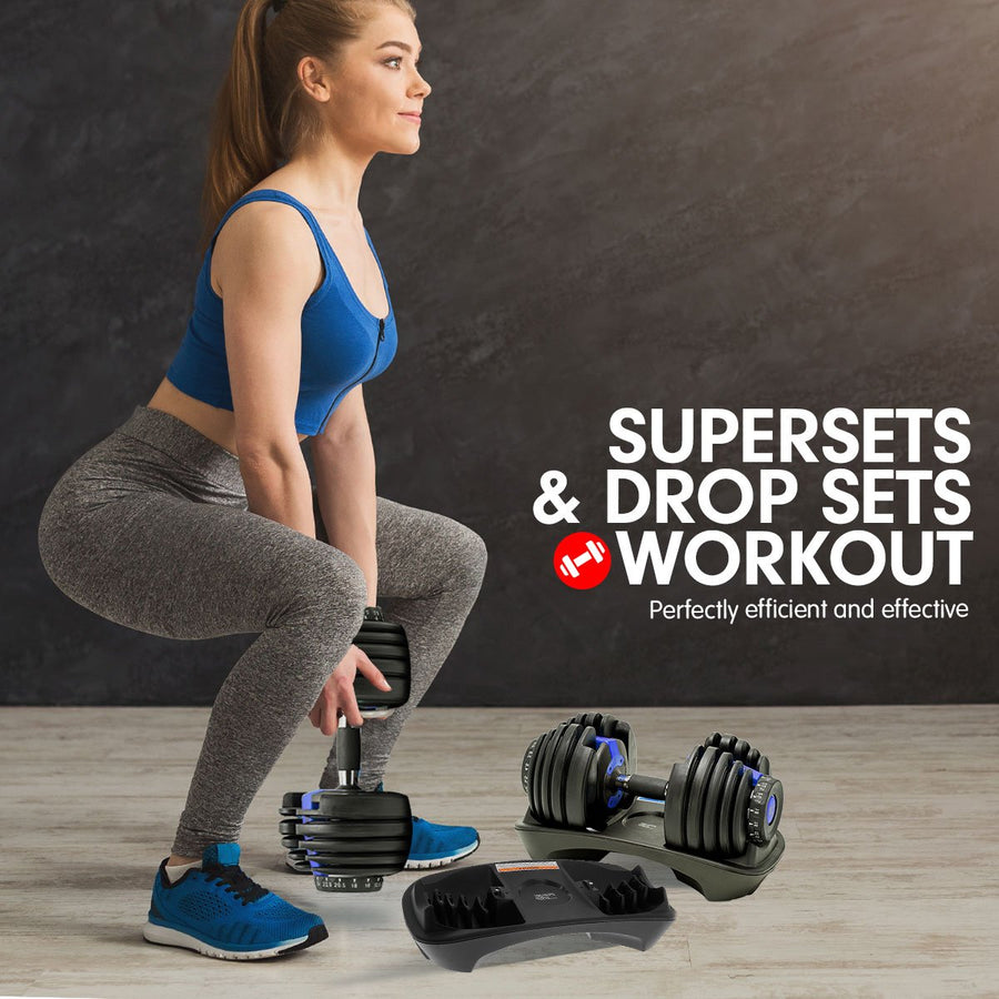 Powertrain Adjustable Dumbbells Set Home Gym Exercise Free Weights 48kg w/ Stand - Blue