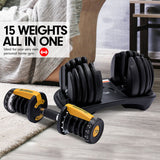 Powertrain Adjustable Dumbbells Set Home Gym Exercise Free Weights 48kg w/ Stand - Gold - Front View