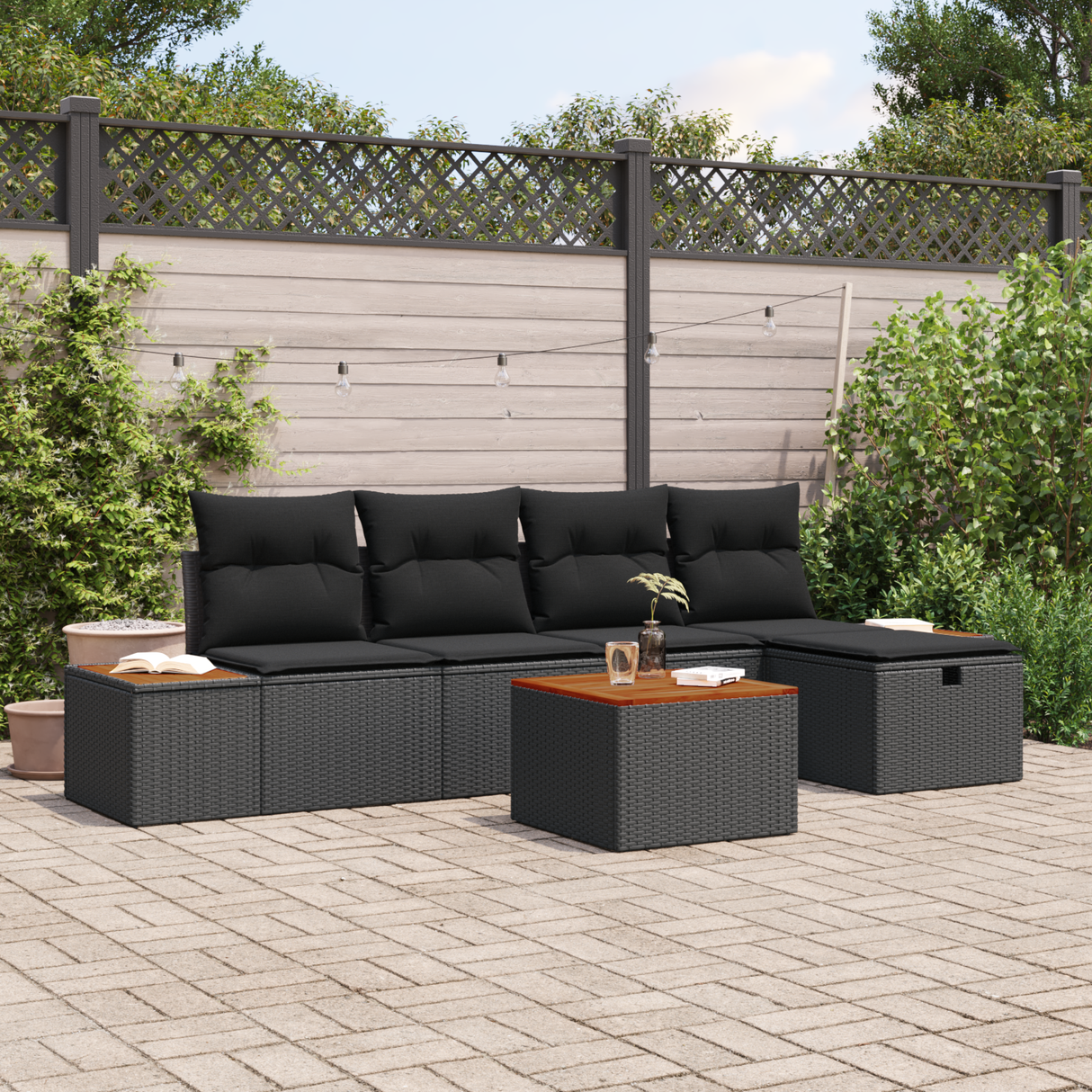 Garden Sofa Set with Pillow 6 pcs Black Poly rattan