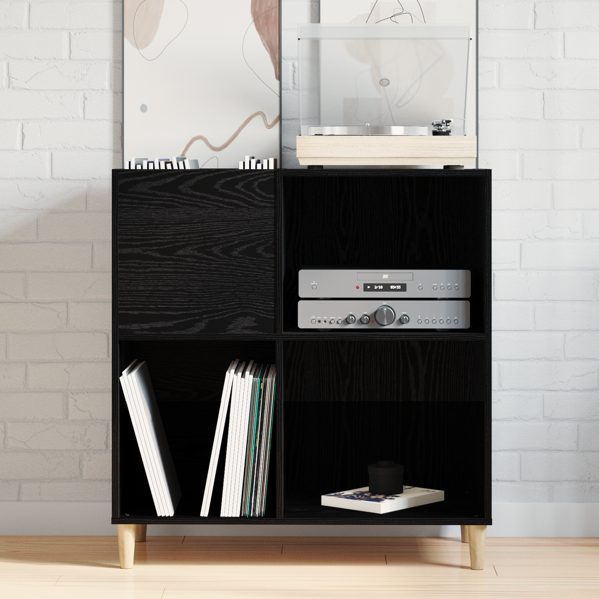 Record Cabinet Black Oak 84,5 x 38 x 89 cm Engineered Wood