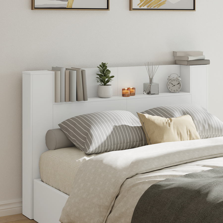 Storage Headboard with LED White Engineered Wood
