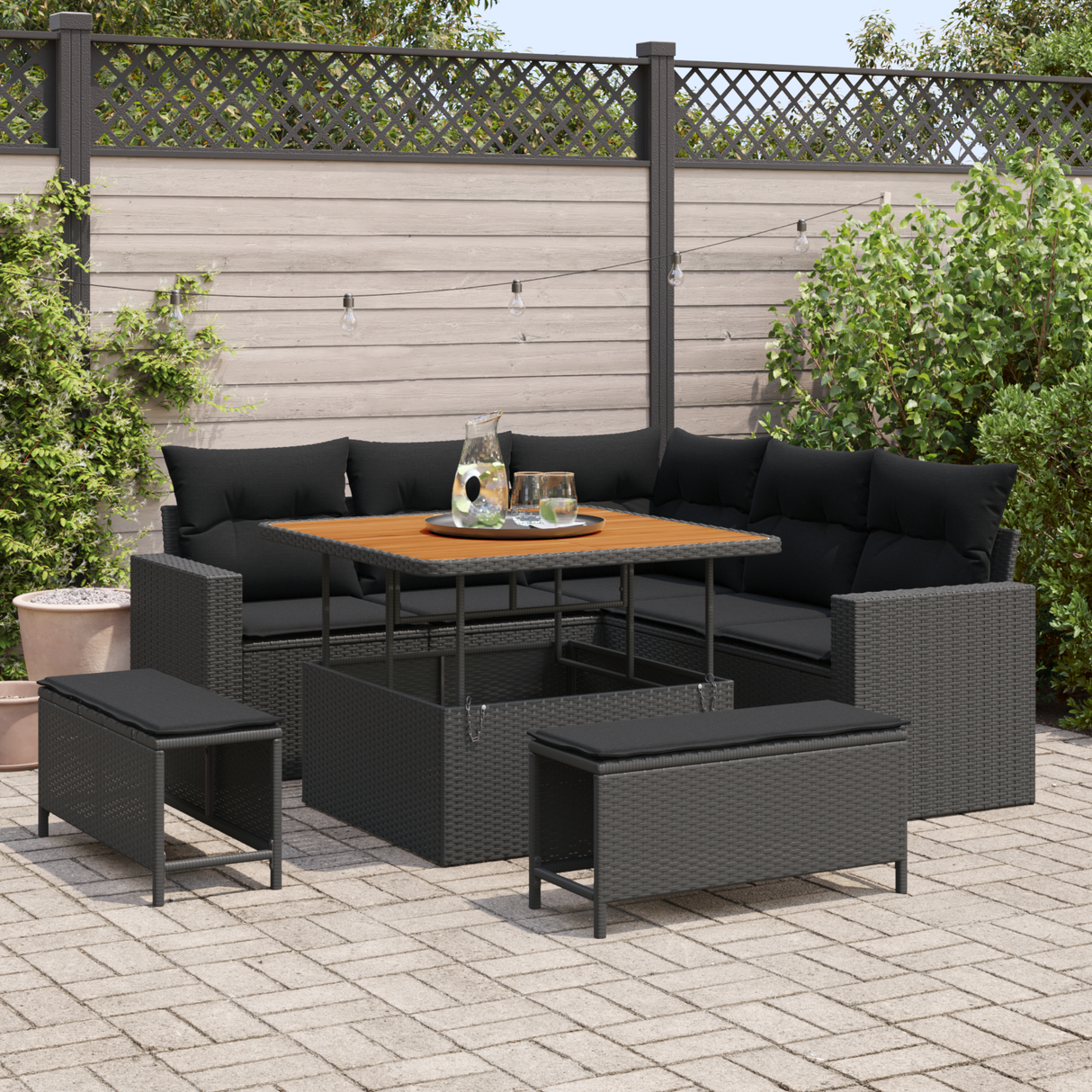 Garden Sofa Set with Cushion 9 pcs Black Poly Rattan