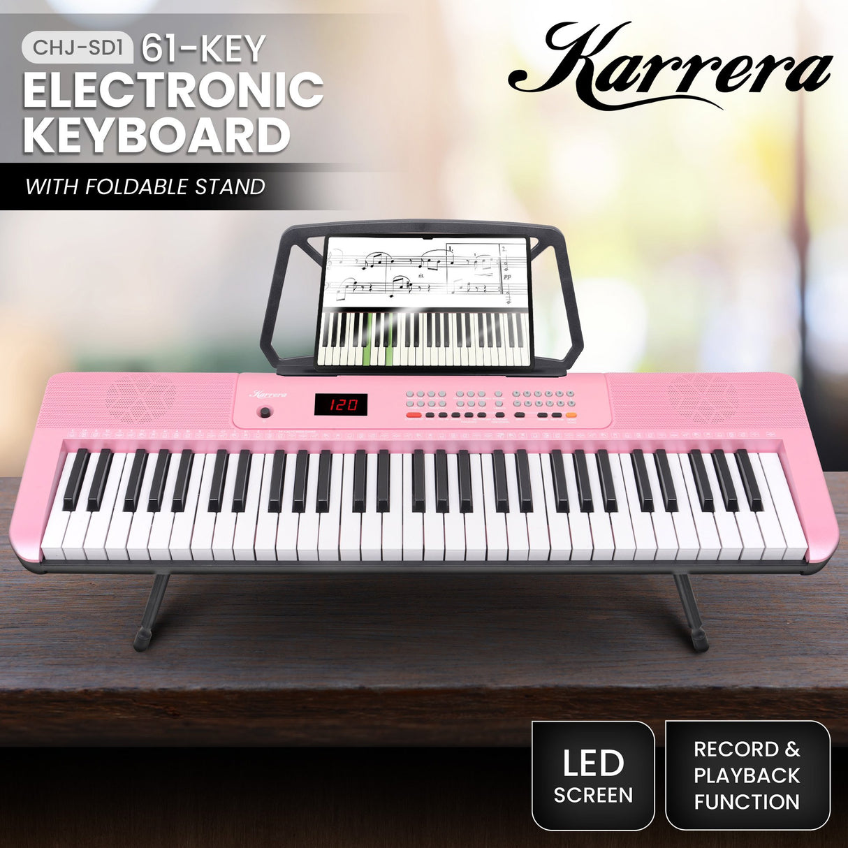 Karrera 61-Key Electronic Piano Keyboard with LED and Folding Stand in Pink CHJ-SD1