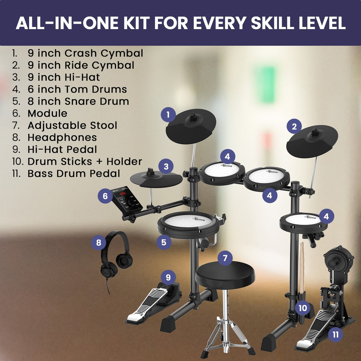 Karrera 18S Electronic Drum Kit Mesh Pads 8in Snare Bluetooth Sounds USB/MIDI Output Kick Pedal