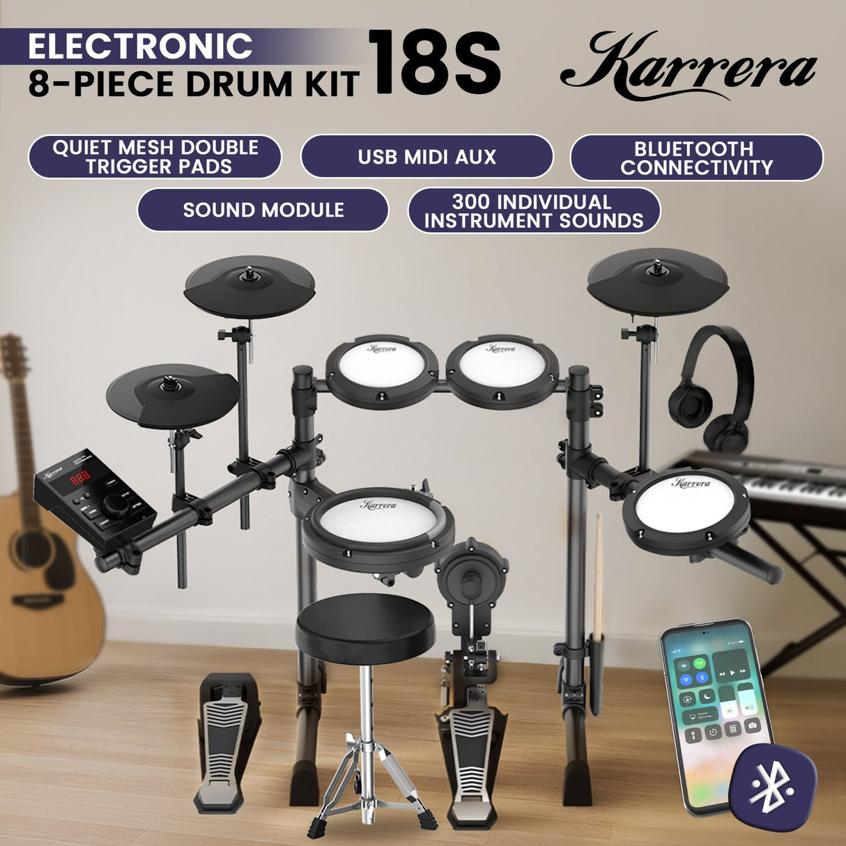 Karrera 18S Electronic Drum Kit Mesh Pads 8in Snare Bluetooth Sounds USB/MIDI Output Kick Pedal