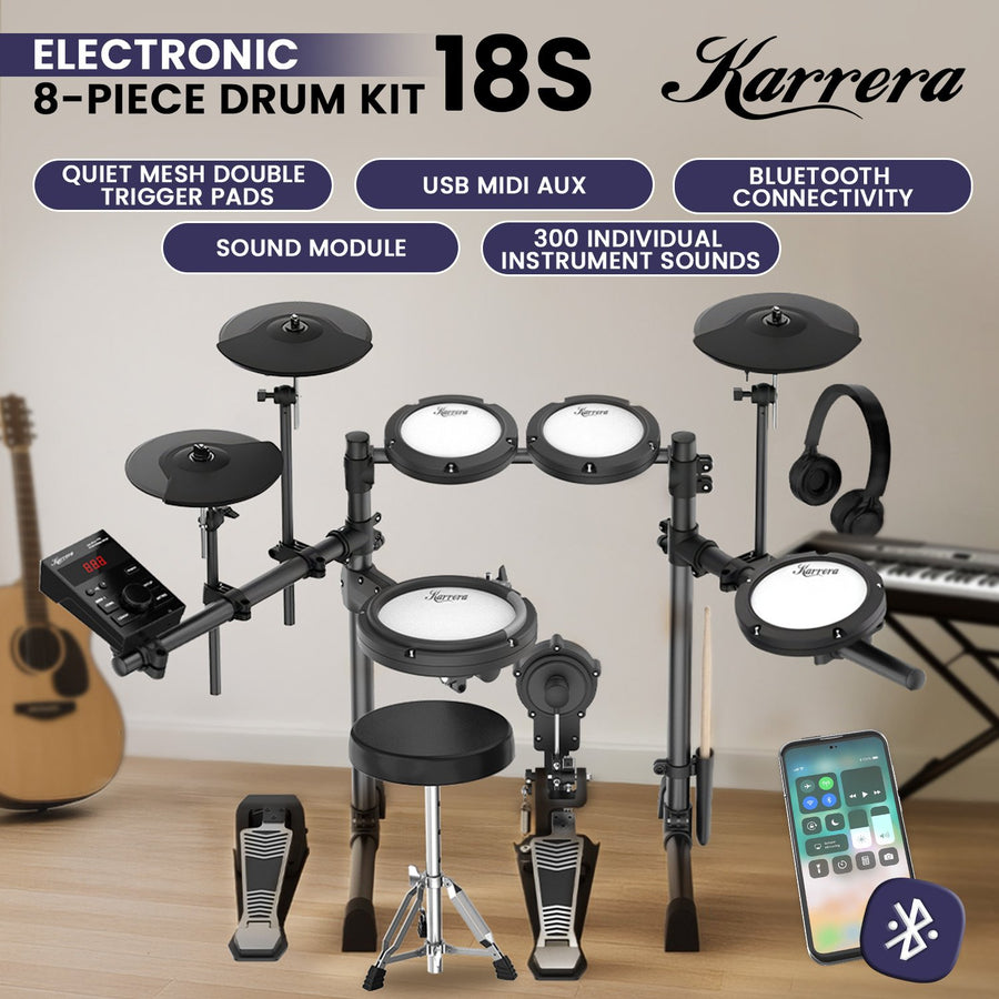 Karrera 18S Electronic Drum Kit Mesh Pads 8in Snare Bluetooth Sounds USB/MIDI Output Kick Pedal