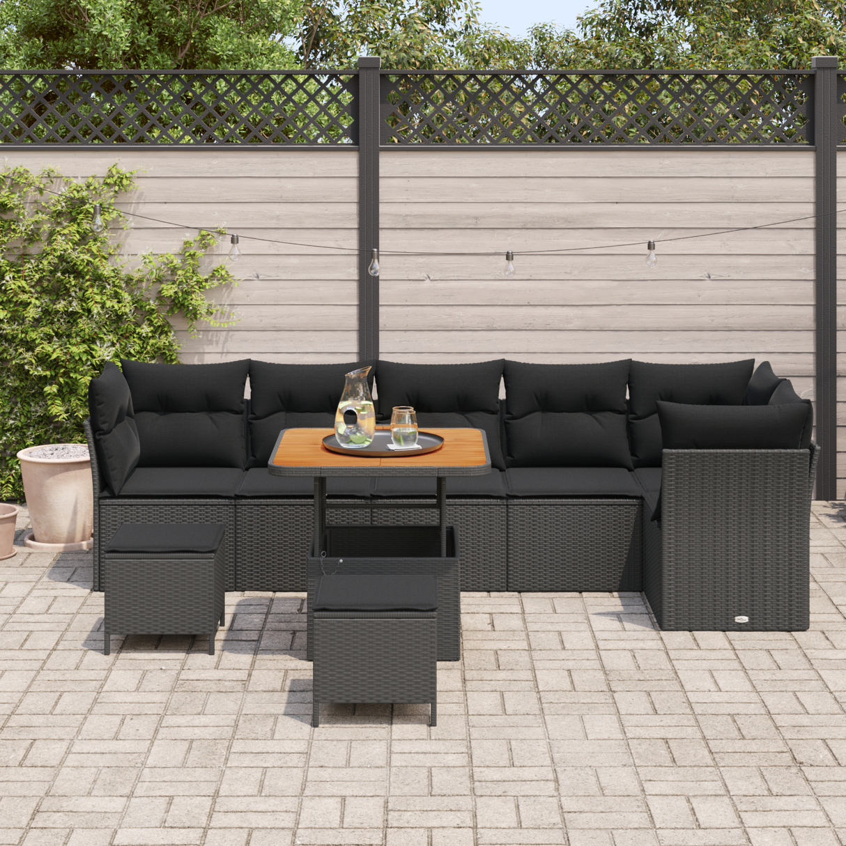 Garden Sofa Set 9 pcs Black Poly rattan and powder-coated steel