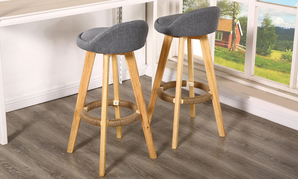 2 X Wooden Bar Stools Grey Fabric