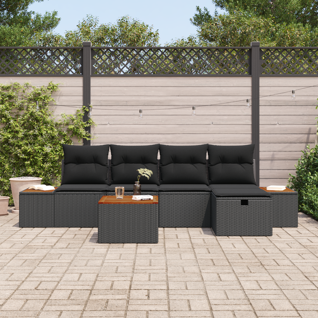 Garden Sofa Set with Pillow 6 pcs Black Poly rattan