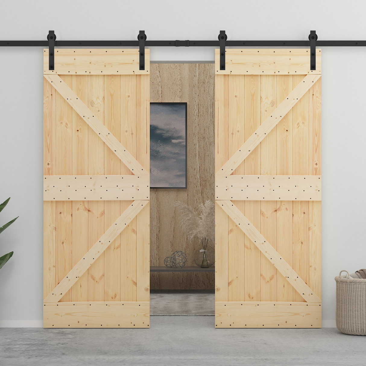 Sliding Door 2 pcs Natural and Black Solid Pine Wood