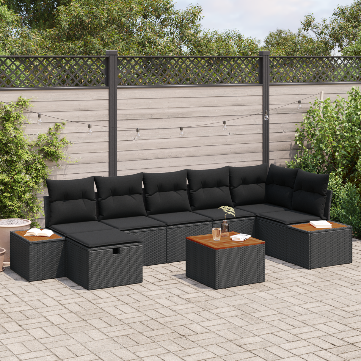 Garden Sofa Set with Pillow 8 pcs Black Poly rattan